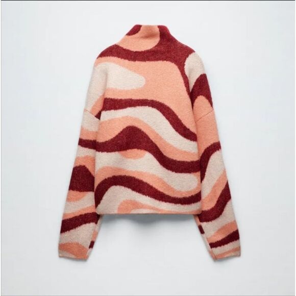 ZARA BLOGGER RED PINK RETRO MOD SWIRL JACQUARD KNIT MOCKNECK SWEATER TURTLENECK - Picture 7 of 13